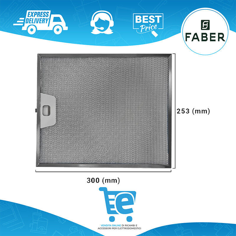 foto del prodotto elica filtro metallico per cappa compatibile con faber, dimensioni 253x300 mm , high performance filter, pratica maniglia di sgancio a innesti