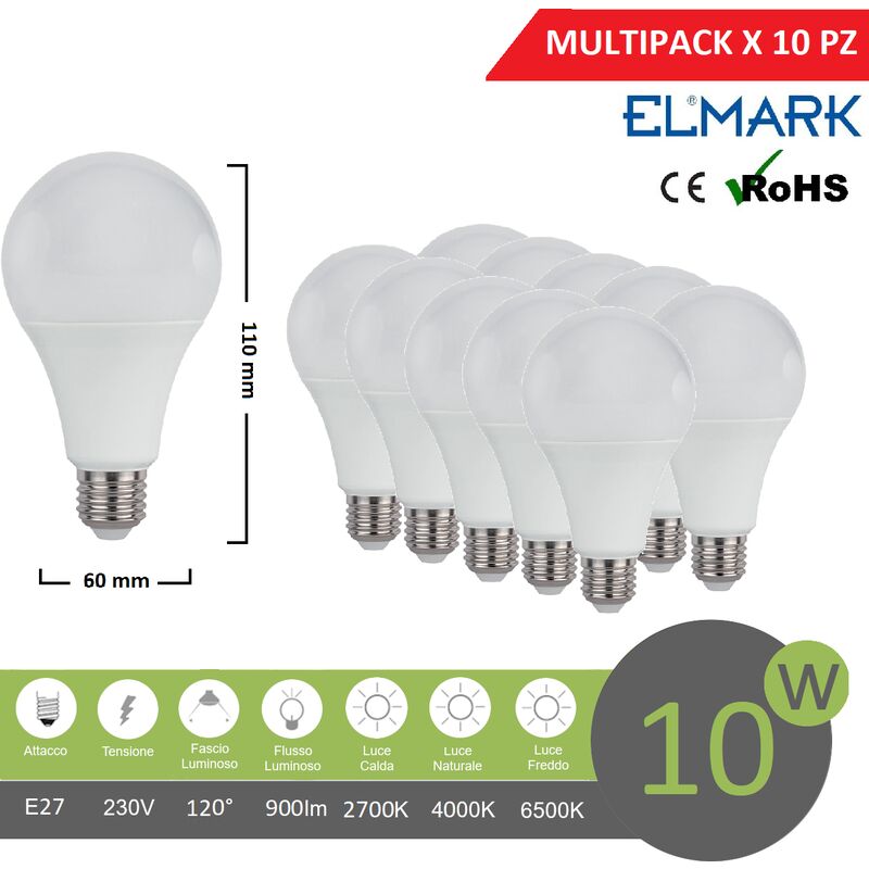 foto del prodotto elmark promopack x 10 pz lampadina led globo a60 e27 10w attacco grande sfera basso consumo luce fredda naturale calda calda 2700k