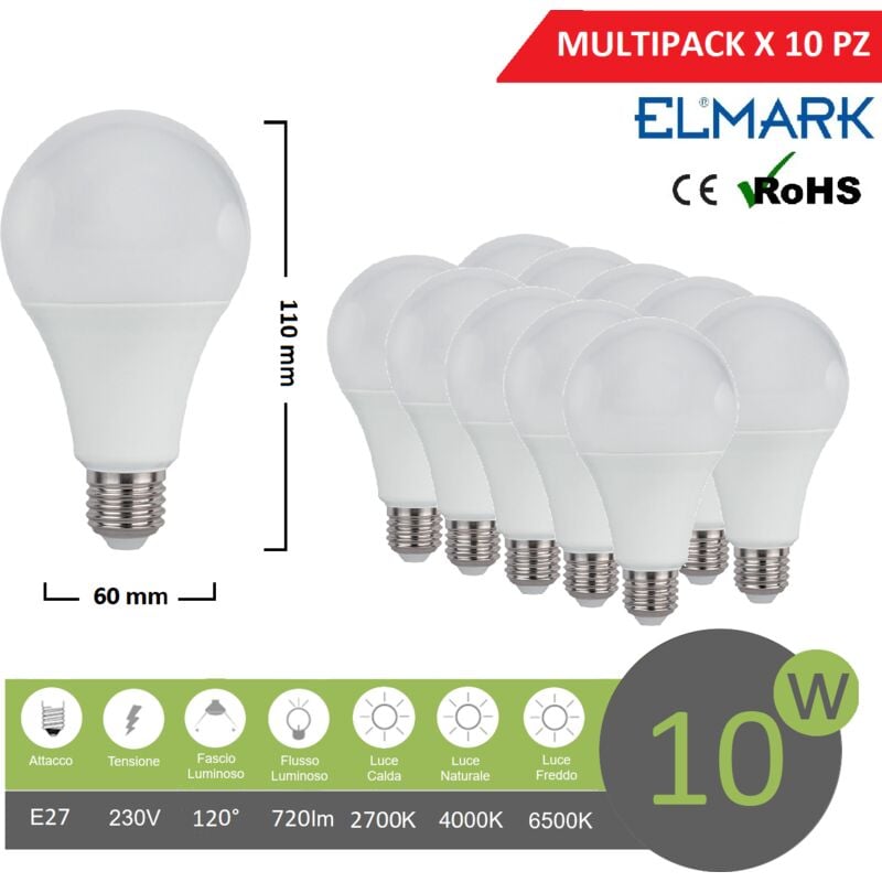 foto del prodotto elmark promopack x 10 pz lampadina led globo a60 e27 10w attacco grande sfera basso consumo luce fredda naturale calda fredda bianca 6400k