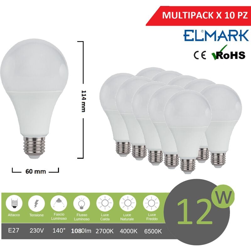 foto del prodotto elmark promopack x 10 pz lampadina led globo a60 e27 12w attacco grande sfera basso consumo luce fredda naturale calda naturale 4000k