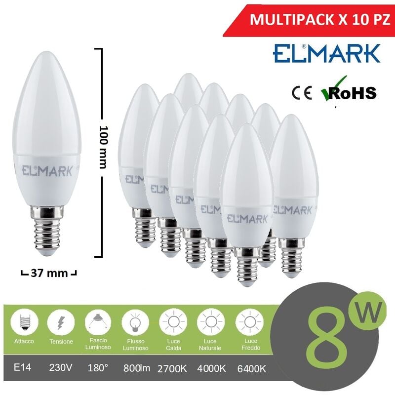 foto del prodotto elmark promopack x 10 pz lampadina led oliva e14 8w attacco piccolo bianco basso consumo luce fredda naturale calda naturale 4000k