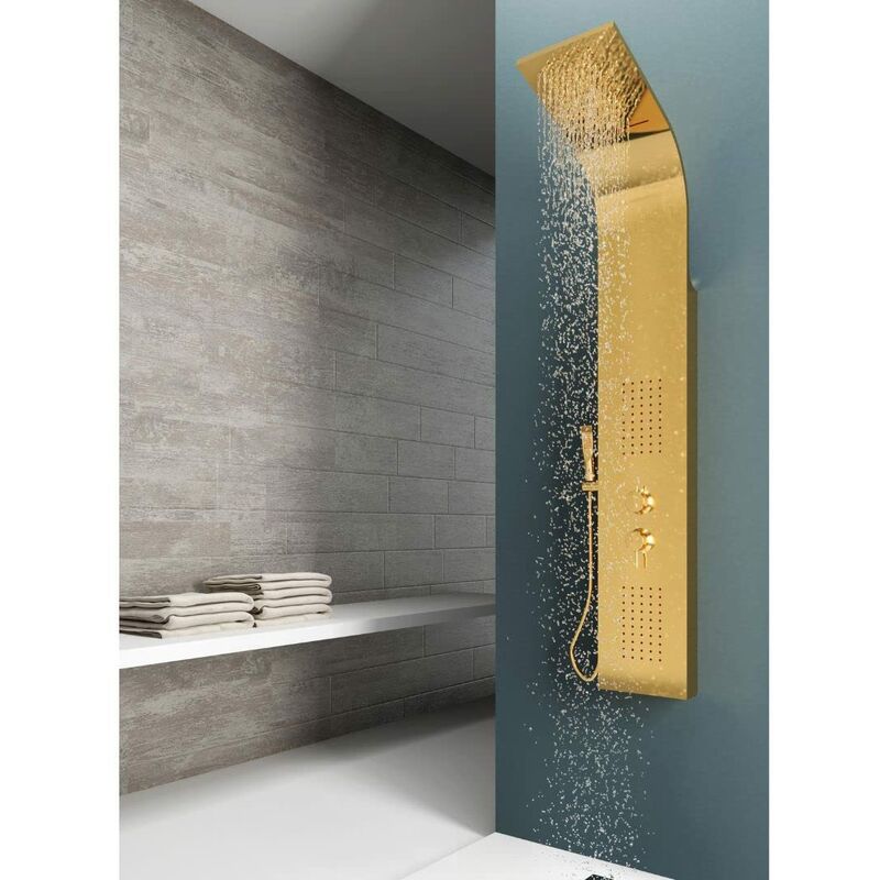 foto del prodotto em pannello doccia a colonna gold acciaio oro lucido opaco 4 funzioni con cascata doccetta miscelatore acqua calda fredda