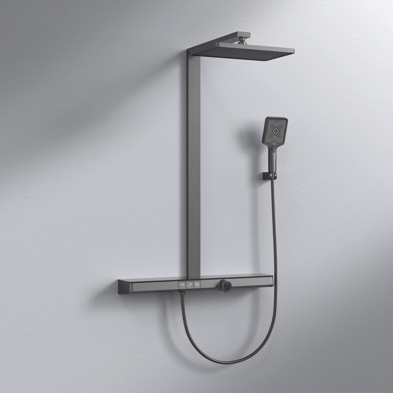 foto del prodotto emke colonna doccia termostatica 38 c con blocco di sicurezza, soffione a pioggia con miscelatore, bocca a cascata, doccetta a 3 getti, con ripiano