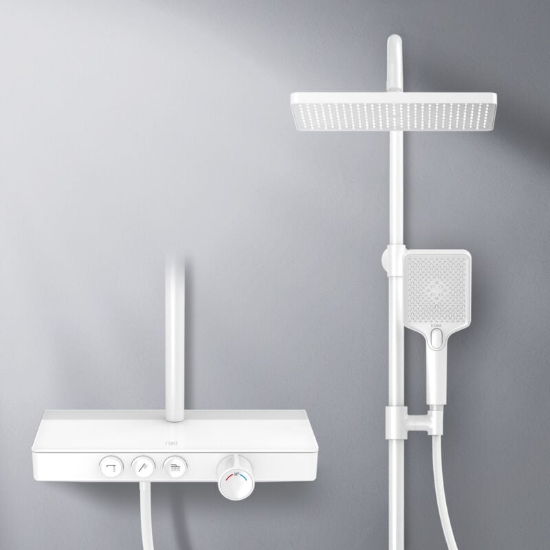 foto del prodotto emke - colonne doccia termostatiche, vetro da 36 cm pannello, doccetta, 3 soffioni, doccia a pioggia, bocca di erogazione, montaggio a parete, certificato ktw, bianco