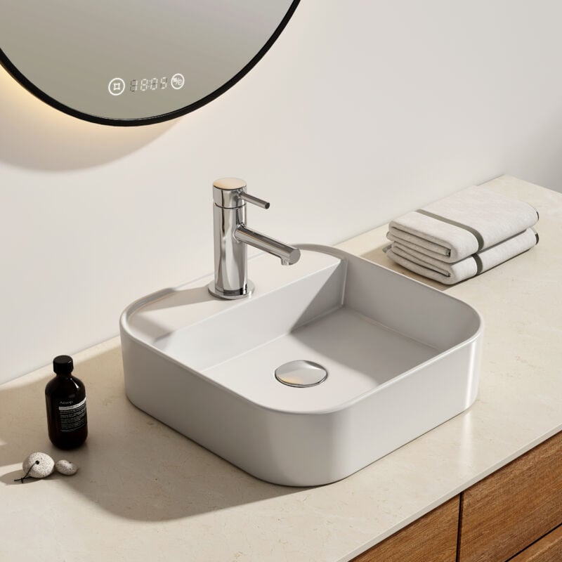 foto del prodotto emke lavabo da appoggio in ceramica, lavabo rettangolare in ceramica arc, bianco lucido 40 x 40 x 11 cm