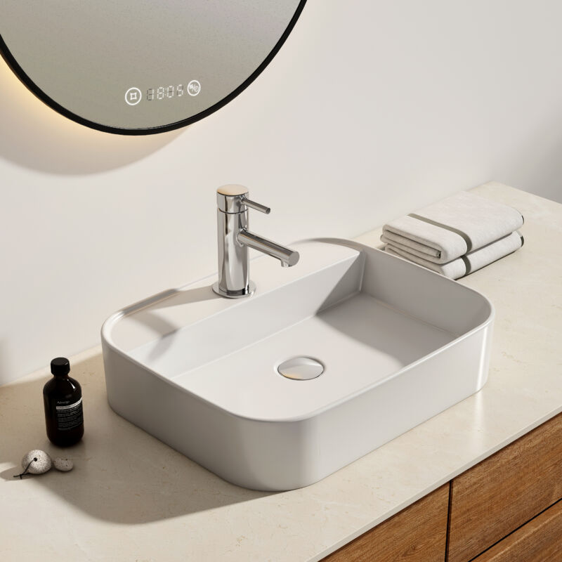 foto del prodotto emke lavabo da appoggio in ceramica, lavabo rettangolare in ceramica arc, bianco lucido 50 x 40 x 11 cm