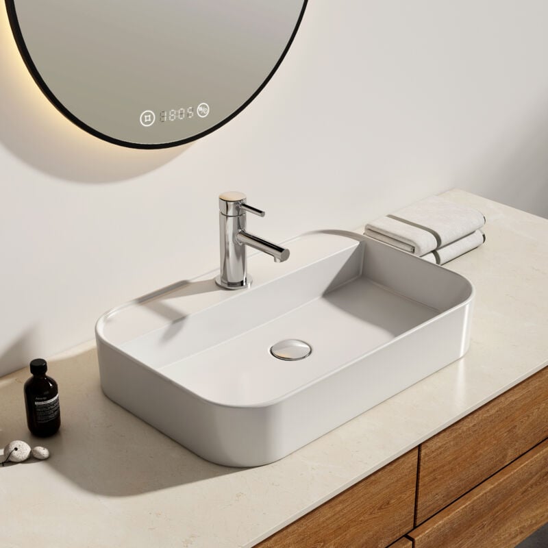 foto del prodotto emke lavabo da appoggio in ceramica, lavabo rettangolare in ceramica arc, bianco lucido 60 x 40 x 11 cm
