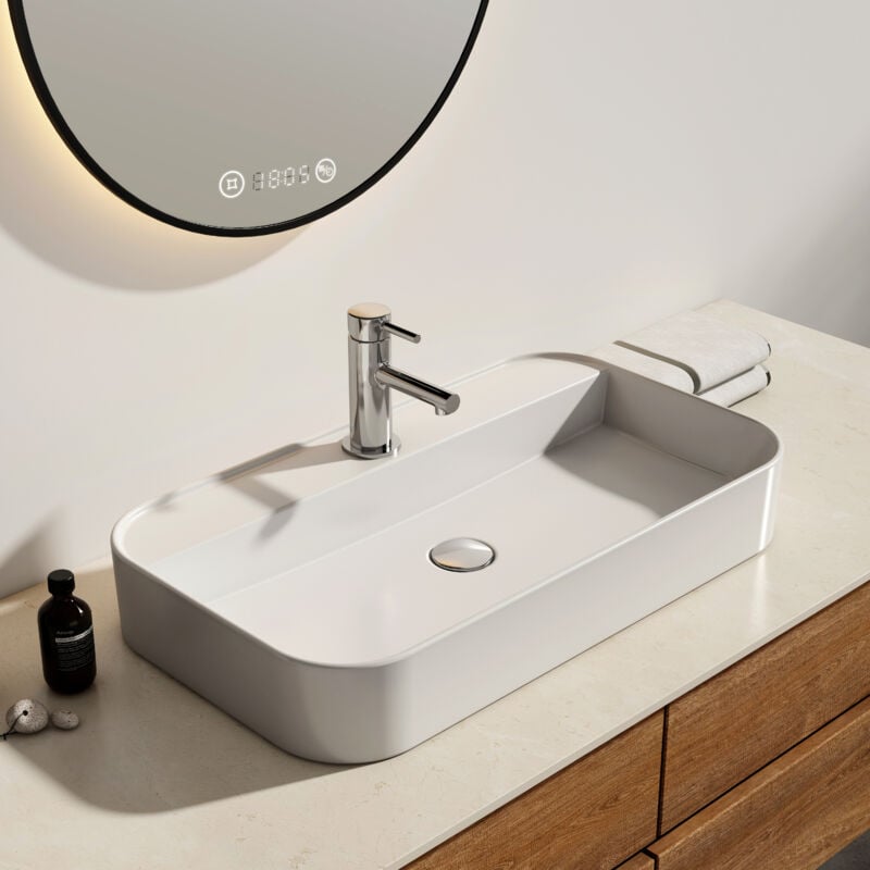 foto del prodotto emke lavabo da appoggio in ceramica, lavabo rettangolare in ceramica arc, bianco lucido 70 x 40 x 11 cm