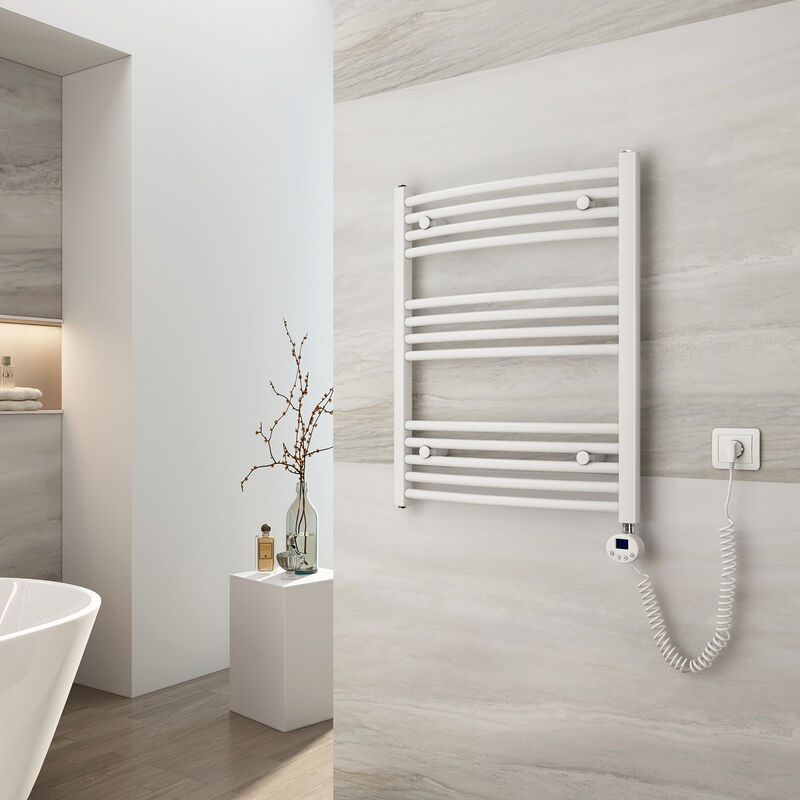 foto del prodotto emke radiatore da bagno, 75 x 60cm, 300w, scaldasalviette con termostato, curvo, bianco, termoarredo asciugamani da bagno