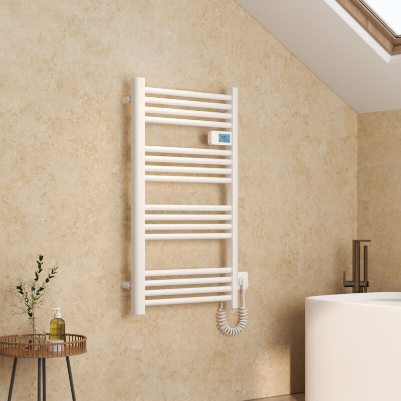 foto del prodotto emke scaldasalviette elettrico in alluminio con controllo touch, temperatura regolabile 960 x 540 mm, bianco, 500 w