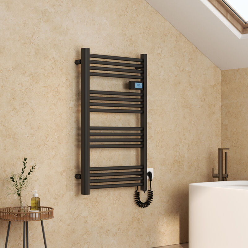 foto del prodotto emke scaldasalviette elettrico in alluminio con controllo touch, temperatura regolabile 960 x 540 mm, nero opaco, 500 w