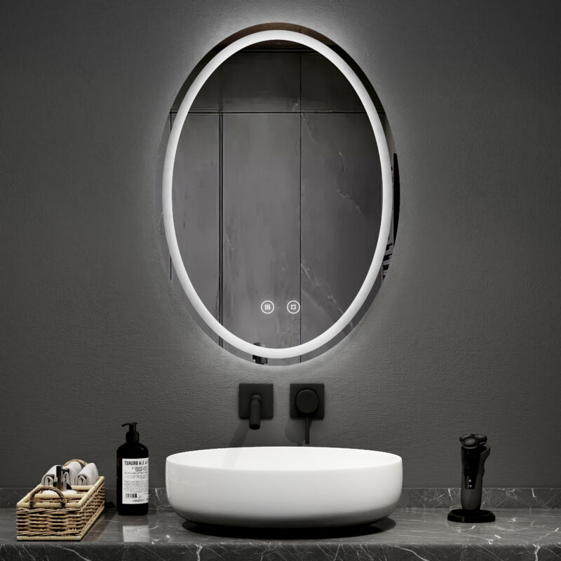 foto del prodotto emke specchi luminosi per bagno 50x70 cm specchio ovale a led con 3 colori di luce dimmerabile, antiappannamento, funzione memory,