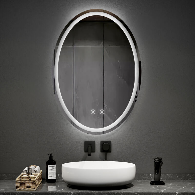 foto del prodotto emke specchi luminosi per bagno 60x80 cm specchio ovale a led con 3 colori di luce dimmerabile, antiappannamento, funzione memory,