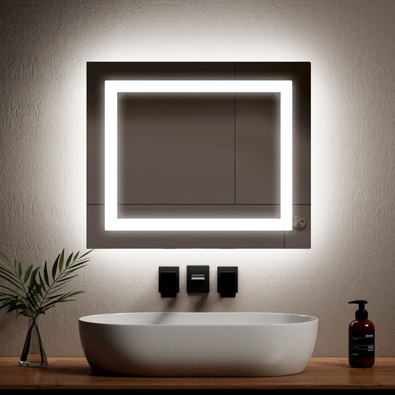 foto del prodotto emke specchi luminosi per bagno con interruttore meccanico, antiappannamento, verticale e orizzontale, luce fredda calda 60x50 cm