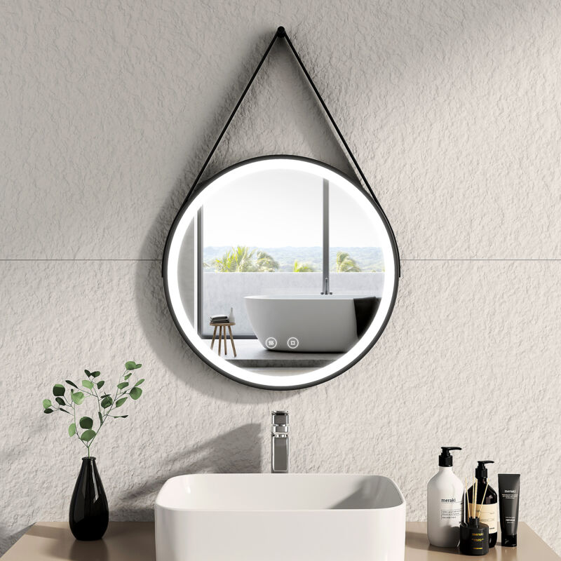 foto del prodotto emke specchi luminosi per bagno, cornice nera e cinturino regolabile, interruttore tattile antiappannamento dimmerabile diametro 50 cm luce bianca