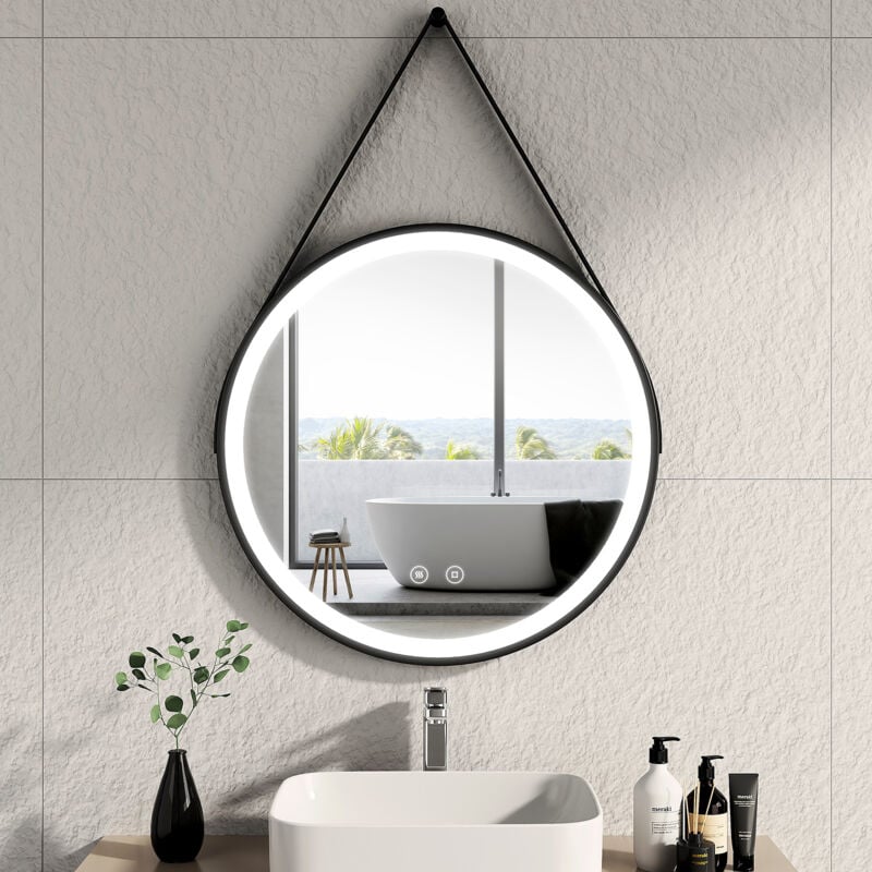 foto del prodotto emke specchi luminosi per bagno, cornice nera e cinturino regolabile, interruttore tattile antiappannamento dimmerabile diametro 70 cm luce