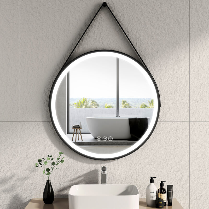 foto del prodotto emke specchi luminosi per bagno, cornice nera e cinturino regolabile, interruttore tattile antiappannamento dimmerabile diametro 80 cm luce