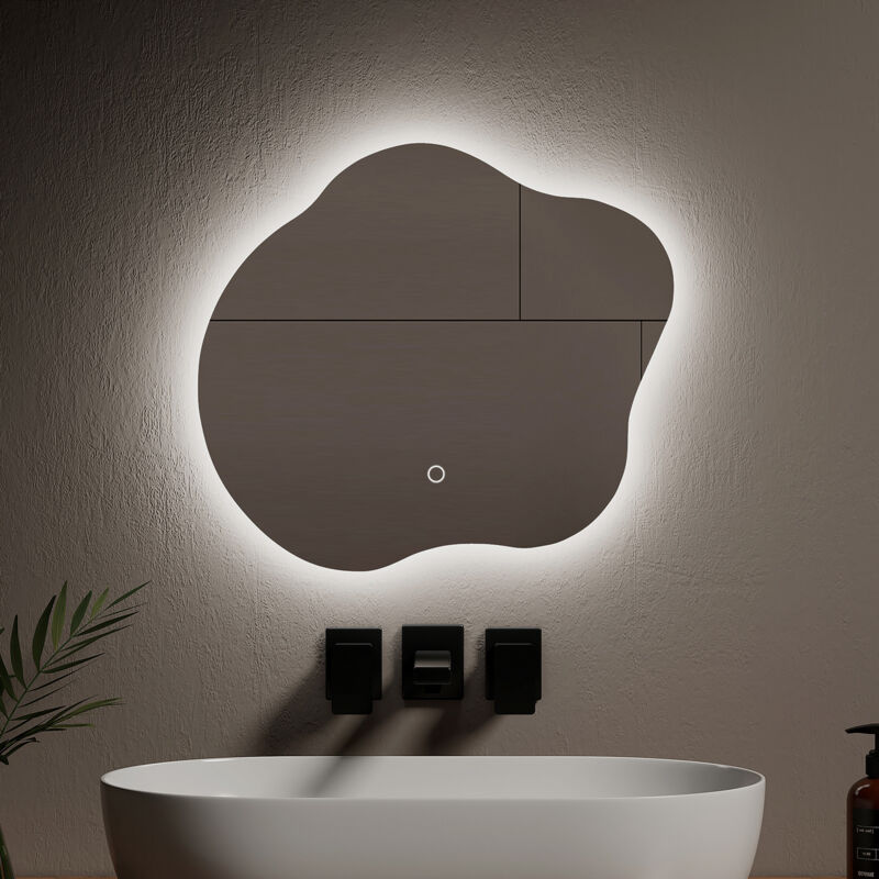 foto del prodotto emke specchi luminosi per bagno retroilluminato a led, specchio dal design irregolare, interruttore touch antiappannamento 3 colori dimmerabile