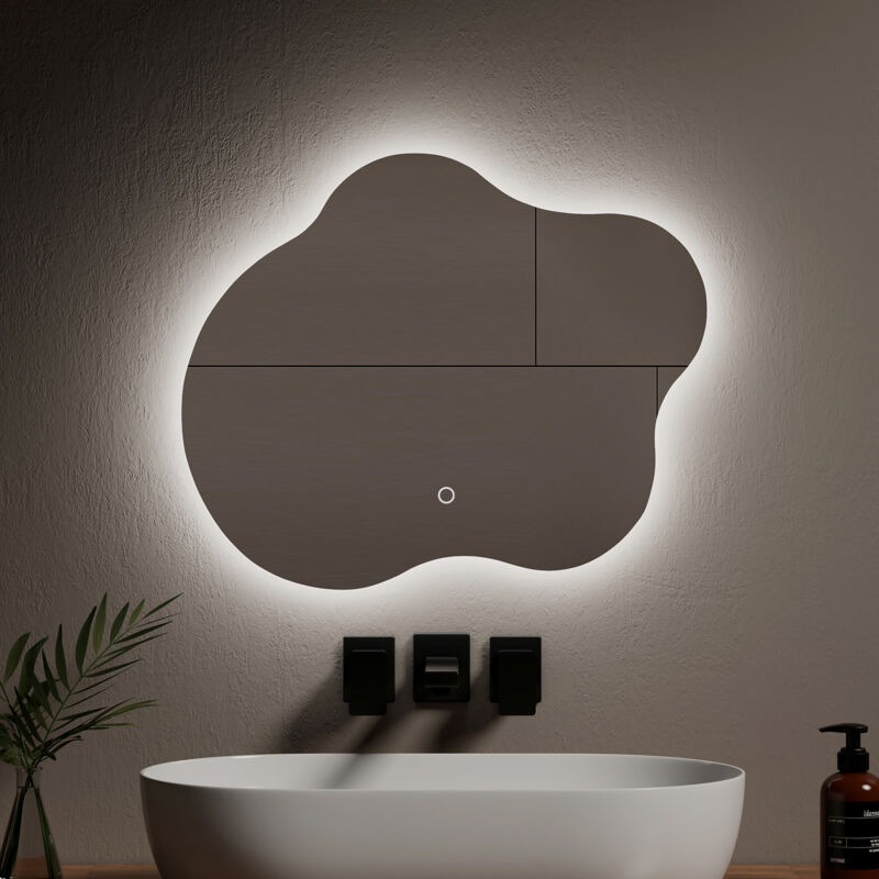 foto del prodotto emke specchi luminosi per bagno retroilluminato a led, specchio dal design irregolare, interruttore touch antiappannamento 3 colori dimmerabile