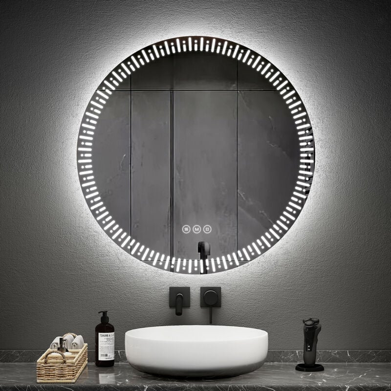 foto del prodotto emke specchi luminosi per bagno rotondo, interruttore tattile antiappannamento dimmerabile diametro 80cm luce bianca fredda calda neutra