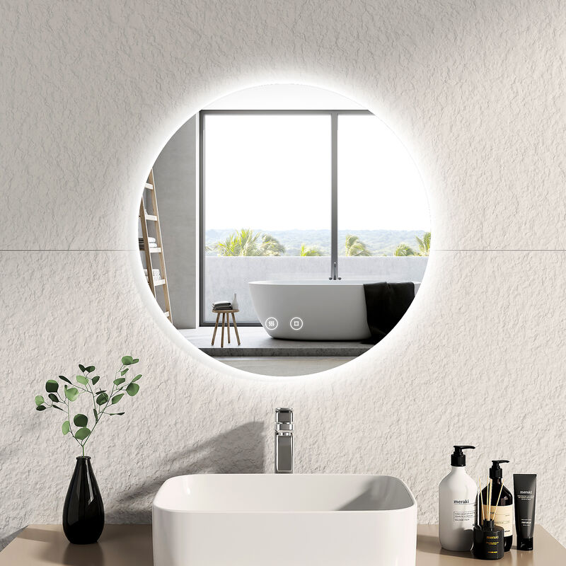 foto del prodotto emke specchi luminosi per bagno rotondo retroilluminato a led, interruttore tattile antiappannamento dimmerabile diametro 60cm luce bianca fredda