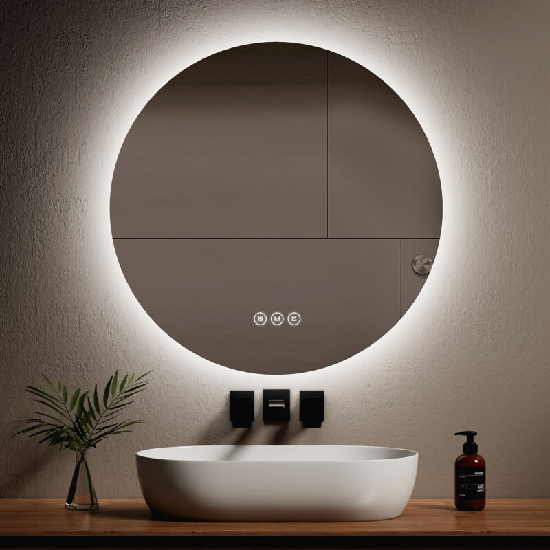foto del prodotto emke specchi luminosi per bagno rotondo retroilluminato a led, interruttore tattile antiappannamento dimmerabile diametro 80cm luce bianca