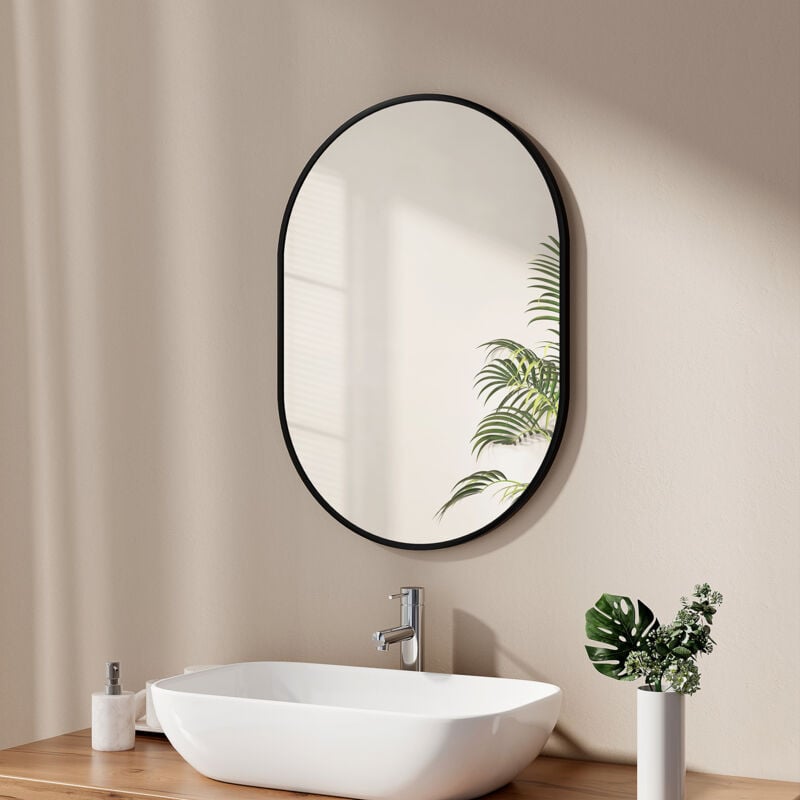 foto del prodotto emke specchi semplici per bagno ovale, specchio da parete con specchio da bagno con cornice nera 50x70 cm orizzontale verticale