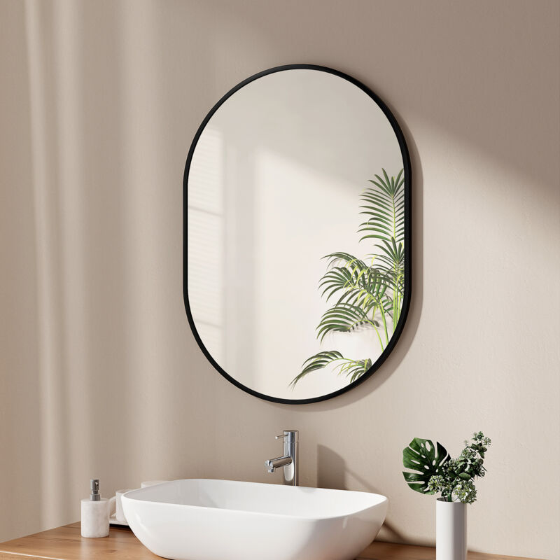 foto del prodotto emke specchi semplici per bagno ovale, specchio da parete con specchio da bagno con cornice nera 60x80 cm orizzontale verticale