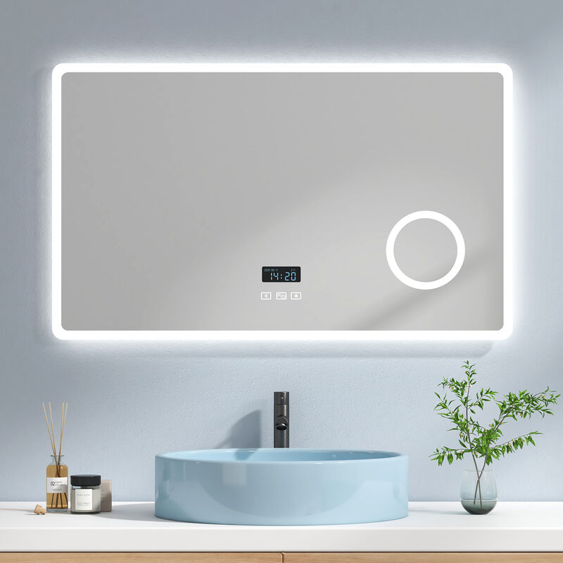 foto del prodotto emke specchio bagno con luce 100 x 60 cm, con interruttore tattile e bluetooth e antiappannamento e orologio e 3 volte lente d ingrandimento, luce
