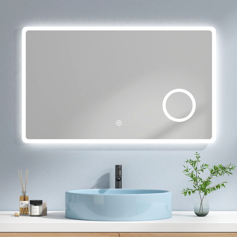 foto del prodotto emke specchio bagno con luce 100 x 60 cm, specchio bagno led con interruttore tattile e 3 volte lente d ingrandimento, luce bianca fredda 6500k