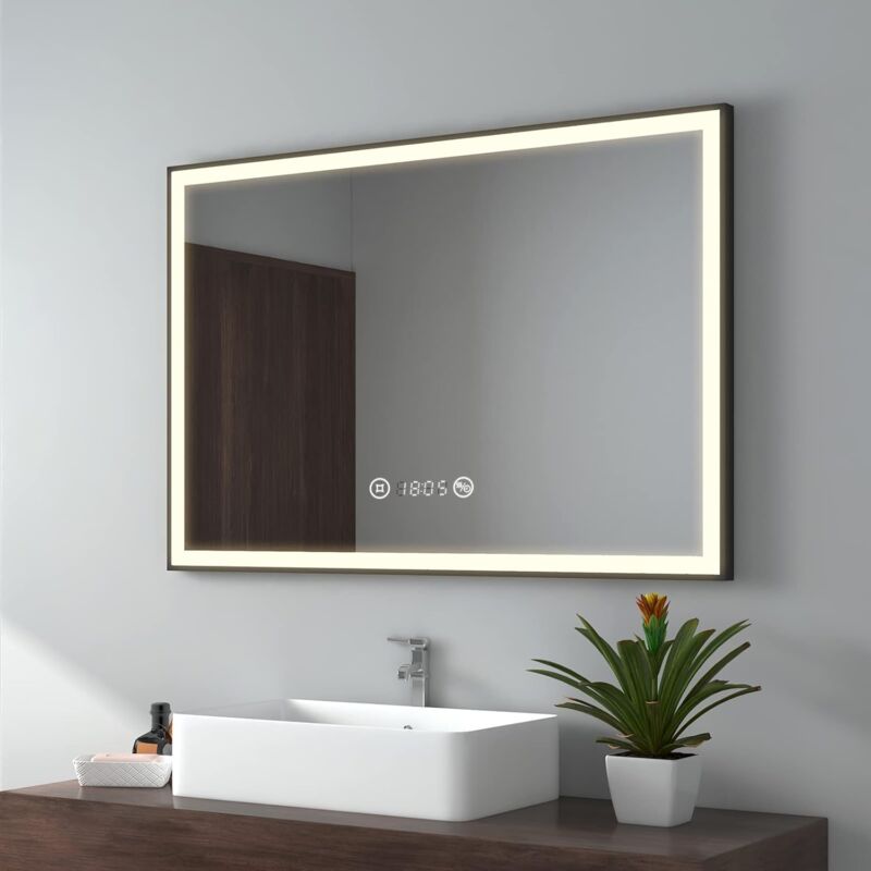 foto del prodotto emke specchio bagno con luce, 100 x 70 cm, luce neutra, specchio bagno led con bordo nero, specchio bagno con interruttore touch, antiappannamento,
