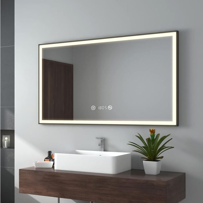 foto del prodotto emke specchio bagno con luce, 120 x 70 cm, luce neutra, specchio bagno led con bordo nero, specchio bagno con interruttore touch, antiappannamento,
