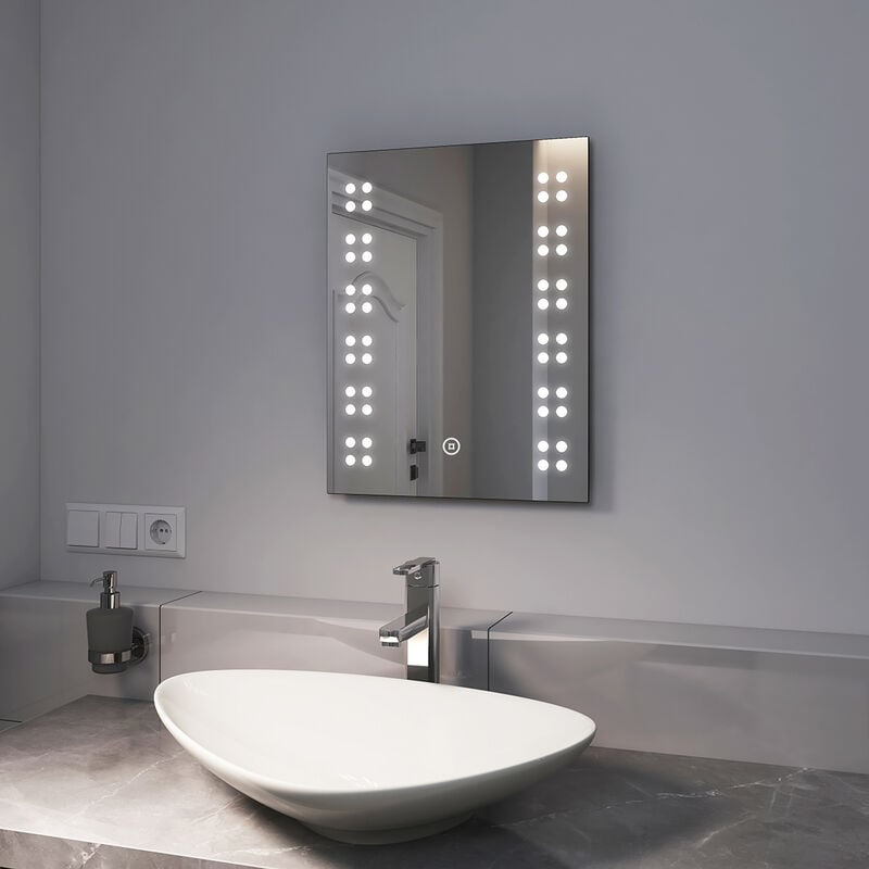 foto del prodotto emke specchio bagno con luce 39 x 50 cm, specchio bagno led con interruttore tattile, luce bianca fredda 6500k specchio per bagno verticale