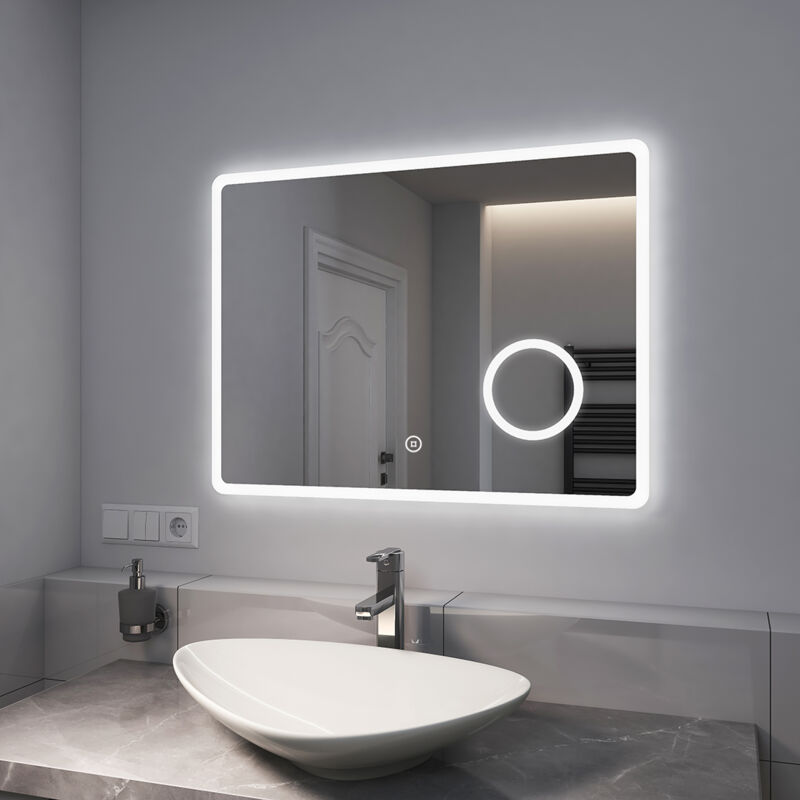 foto del prodotto emke specchio bagno con luce 80 x 60 cm, con interruttore tattile e antiappannamento e 3 volte lente d ingrandimento, luce dimmerabile e variabile