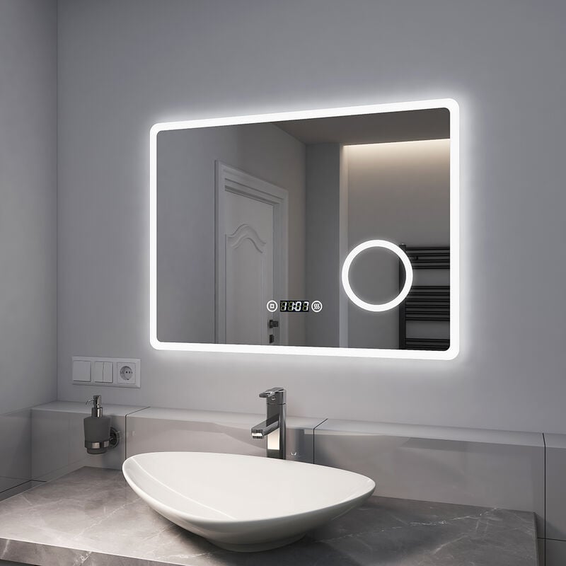 foto del prodotto emke specchio bagno con luce 80 x 60 cm, con interruttore tattile e antiappannamento e orologio e 3 volte lente d ingrandimento e luce dimmerabile