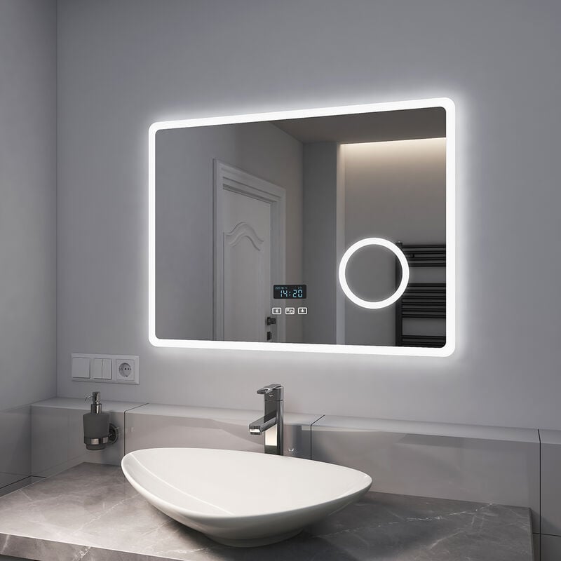 foto del prodotto emke specchio bagno con luce 80 x 60 cm, con interruttore tattile e bluetooth e antiappannamento e orologio e 3 volte lente d ingrandimento, luce
