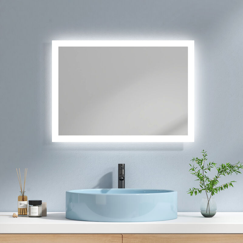 foto del prodotto emke specchio bagno led specchio bagno con luce 70 x 50 cm, specchio bagno con interruttore pulsante anti appannamento 2 luci colorate luce