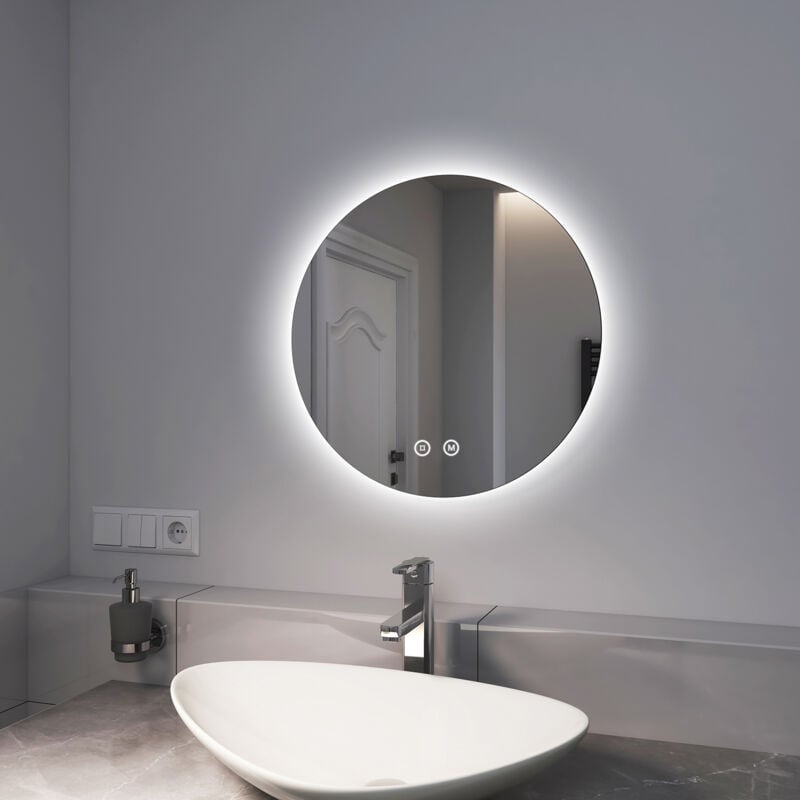 foto del prodotto emke specchio bagno rotondo con luce 50 cm, specchio bagno led con interruttore tattile luce bianca fredda 6500k luce calda 3000k luce neutra