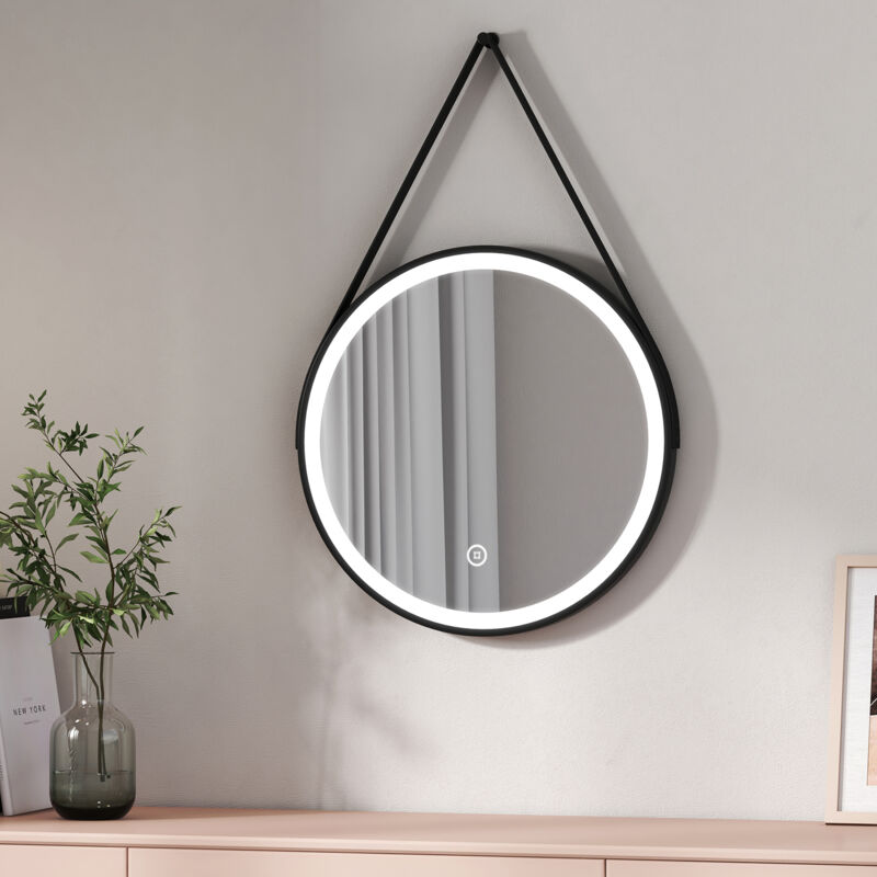 foto del prodotto emke specchio bagno rotondo con luce 50 cm, specchio bagno led cornice nera con interruttore tattile luce bianca fredda 6500k