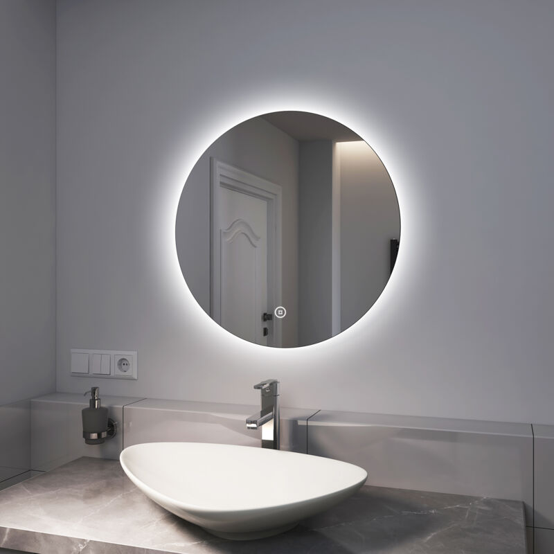 foto del prodotto emke specchio bagno rotondo con luce 60 cm, specchio bagno led con interruttore tattile luce bianca fredda 6500k