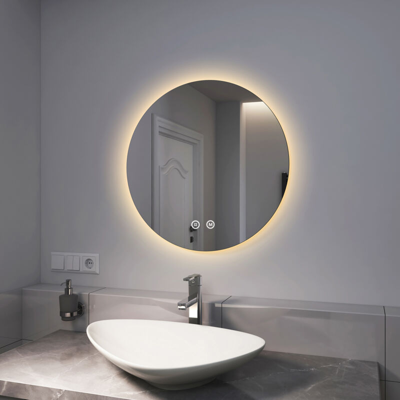 foto del prodotto emke specchio bagno rotondo con luce 60 cm, specchio bagno led con interruttore tattile luce bianca fredda 6500k luce calda 3000k luce neutra