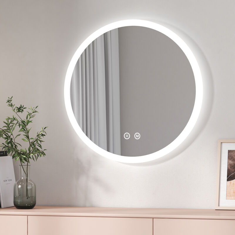 foto del prodotto emke specchio bagno rotondo con luce 70 cm, specchio bagno led con interruttore tattile antiappannamento, luce bianca fredda 6500k luce calda