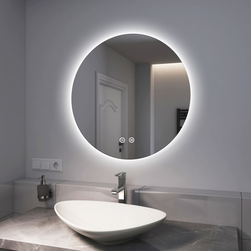 foto del prodotto emke specchio bagno rotondo con luce 70 cm, specchio bagno led con interruttore tattile luce bianca fredda 6500k luce calda 3000k luce neutra