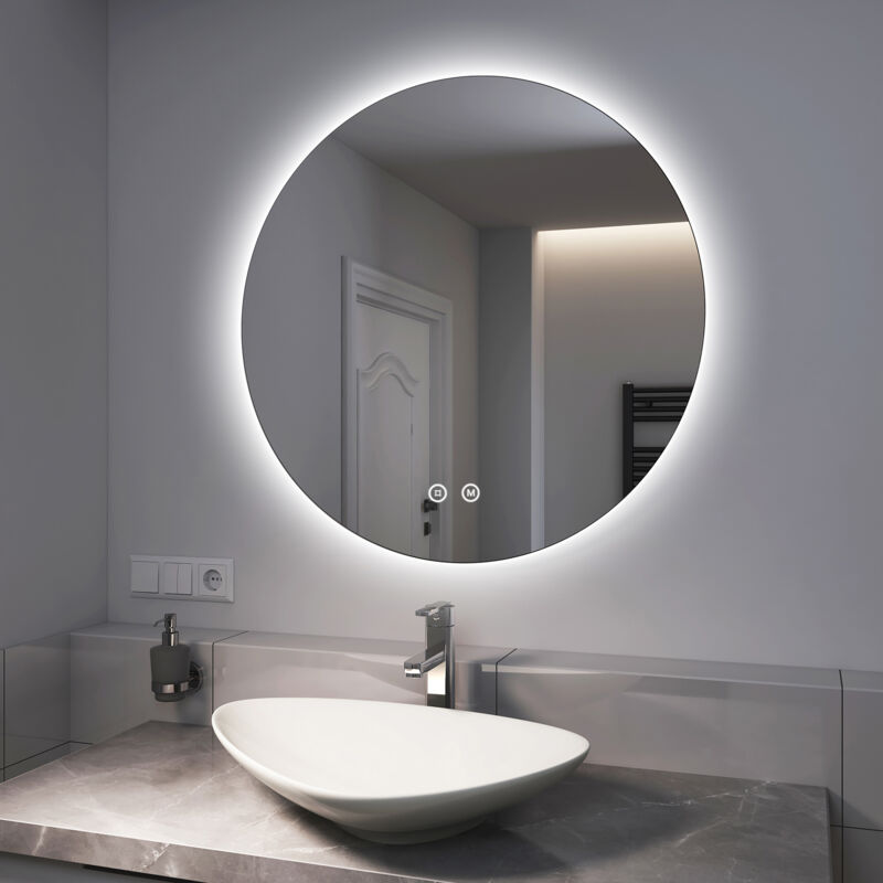 foto del prodotto emke specchio bagno rotondo con luce 80 cm, specchio bagno led con interruttore tattile luce bianca fredda 6500k luce calda 3000k luce neutra