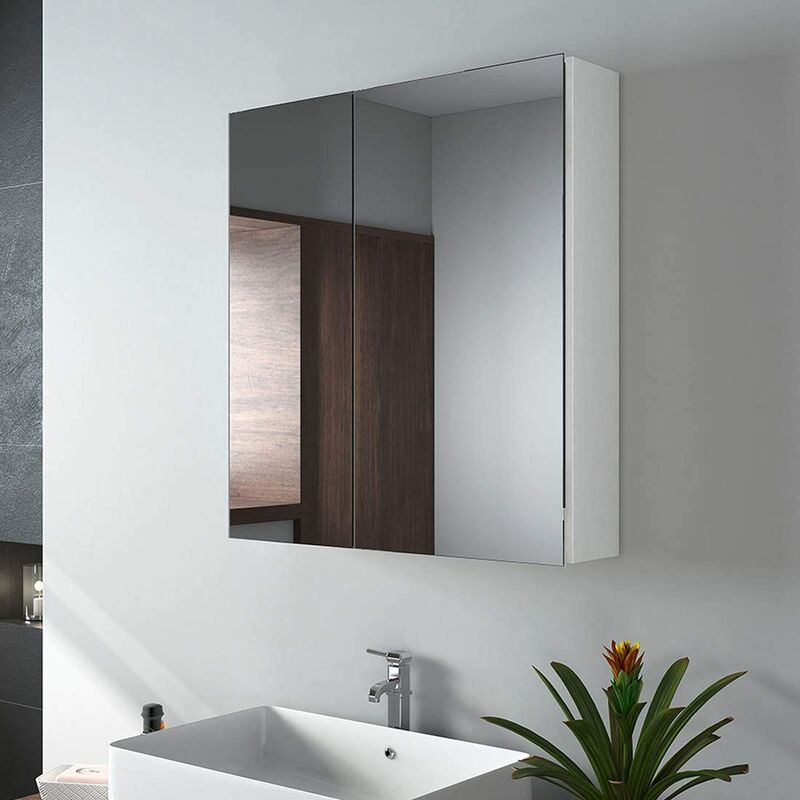 foto del prodotto emke specchio da bagno, 60 x 65 x 14,5 cm, specchio da bagno con ripiani regolabili, con maniglia invisibile e interruttore soft, doppie ante,