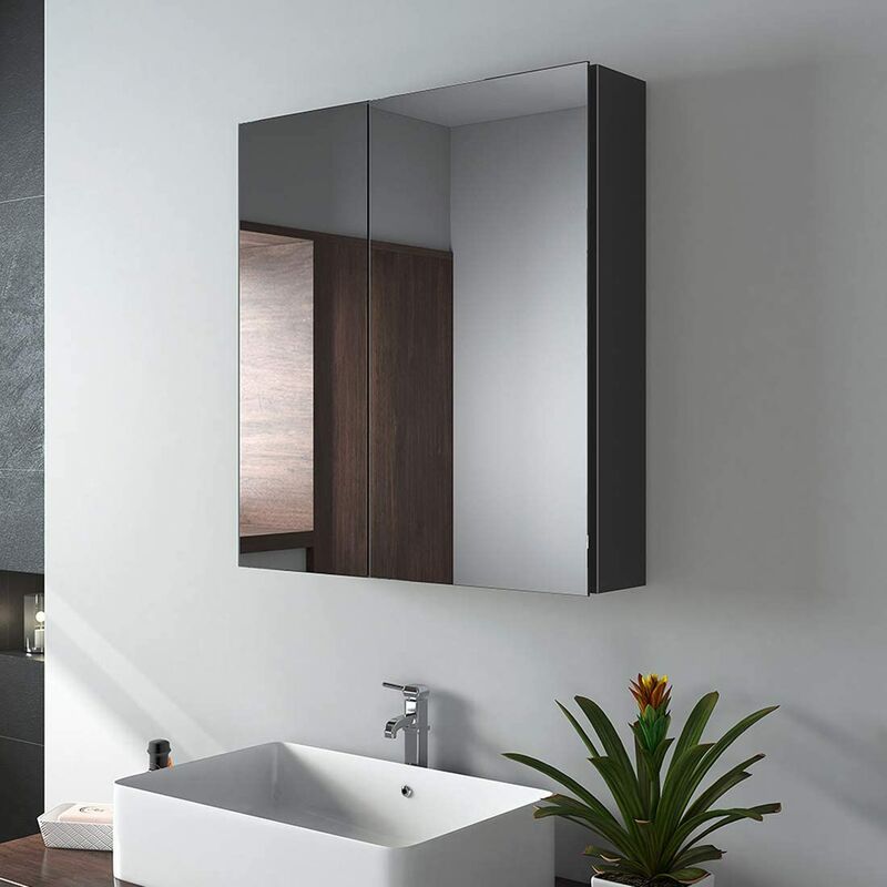 foto del prodotto emke specchio da bagno, 60 x 65 x 14,5 cm, specchio da bagno con ripiani regolabili, con maniglia invisibile e interruttore soft, doppie ante,