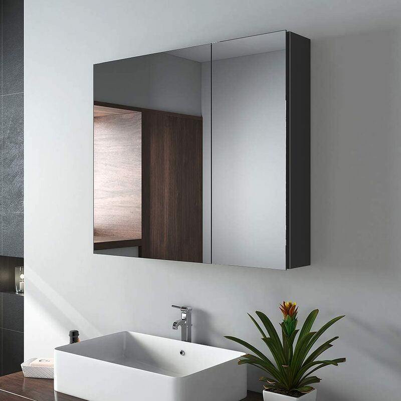 foto del prodotto emke specchio da bagno, 75 x 65 x 14,5 cm, specchio da bagno con ripiani regolabili, con maniglia invisibile e interruttore soft, doppie ante,