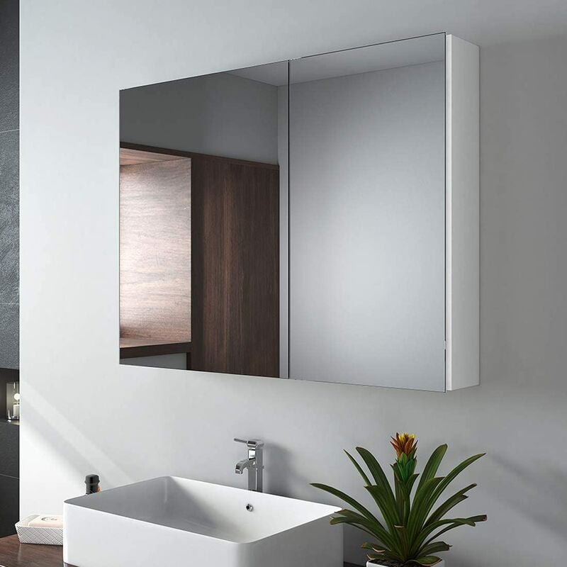 foto del prodotto emke specchio da bagno, 85 x 65 x 14,5 cm, specchio da bagno con ripiani regolabili, con maniglia invisibile e interruttore soft, doppie ante,