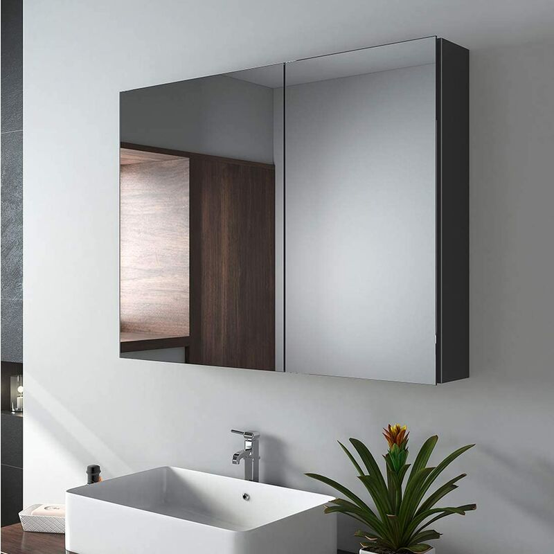 foto del prodotto emke specchio da bagno, 85 x 65 x 14,5 cm, specchio da bagno con ripiani regolabili, con maniglia invisibile e interruttore soft, doppie ante,