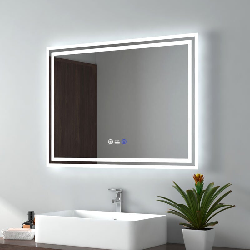 foto del prodotto emke specchio da bagno a led con sensore di movimento, specchio antiappannamento con sensore intelligente, luce bianca fredda calda neutra, 60x80cm